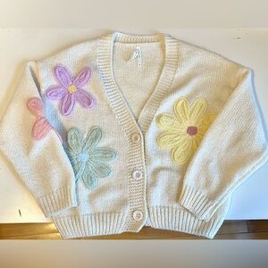 SOLD Creme/white Knit Cardigan with embroidered Pastel Flowers from Dreamers